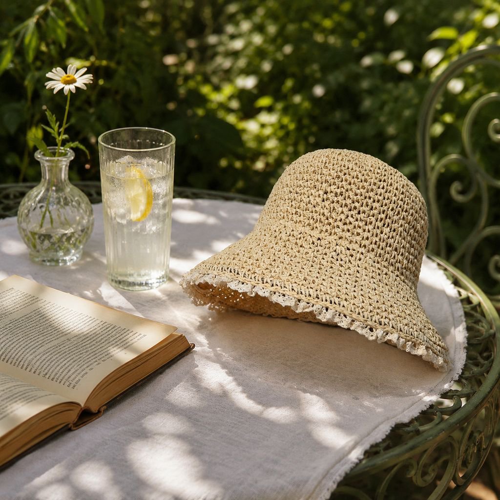 Damen-Strohhut mit Spitzenbesatz