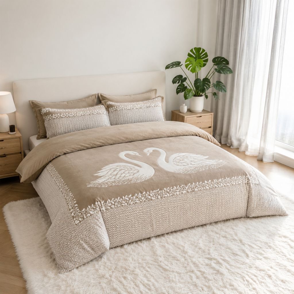 Decoración de dormitorio con juego de cama de cisne