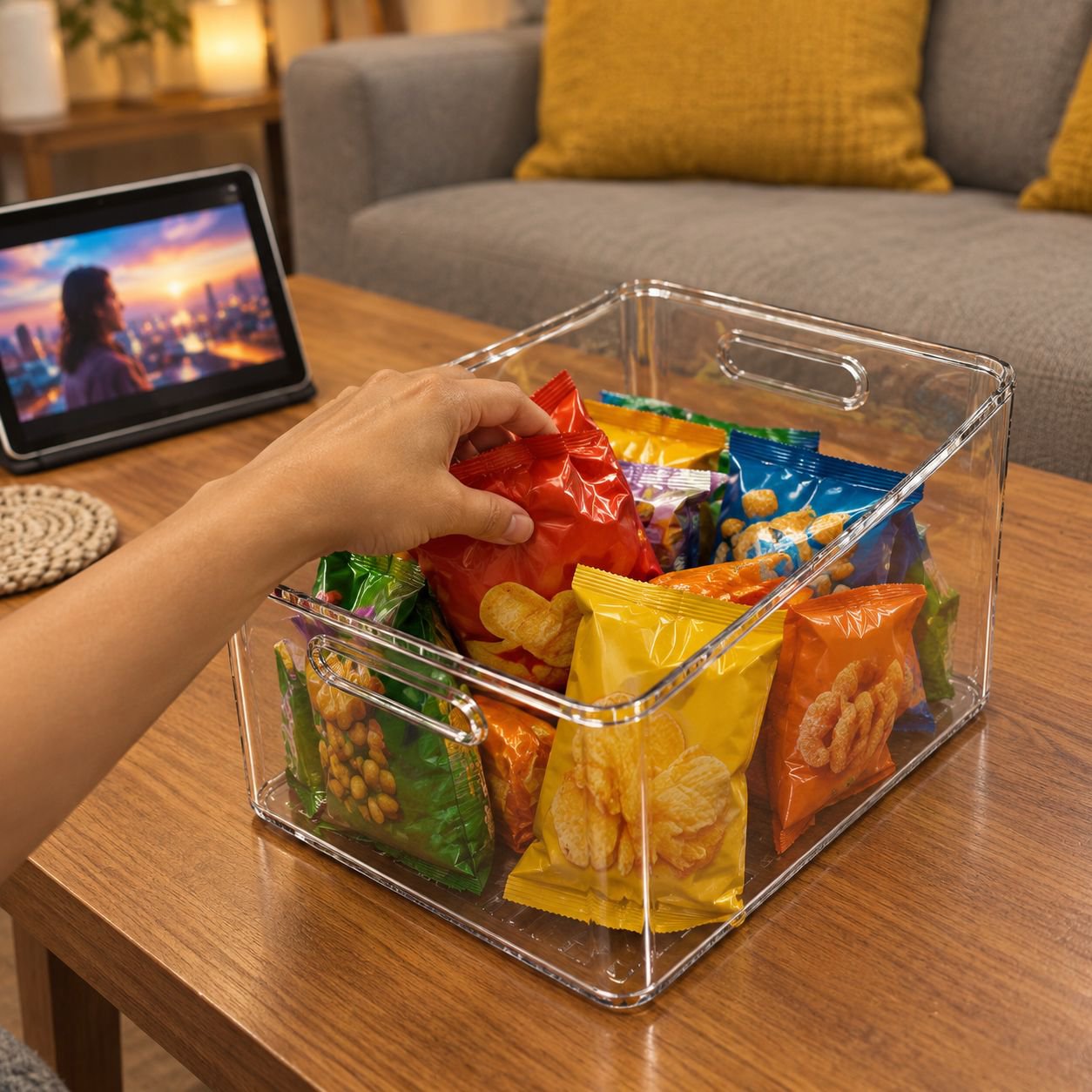 Caja organizadora de acrílico transparente para escritorio tamaño mediano para snacks