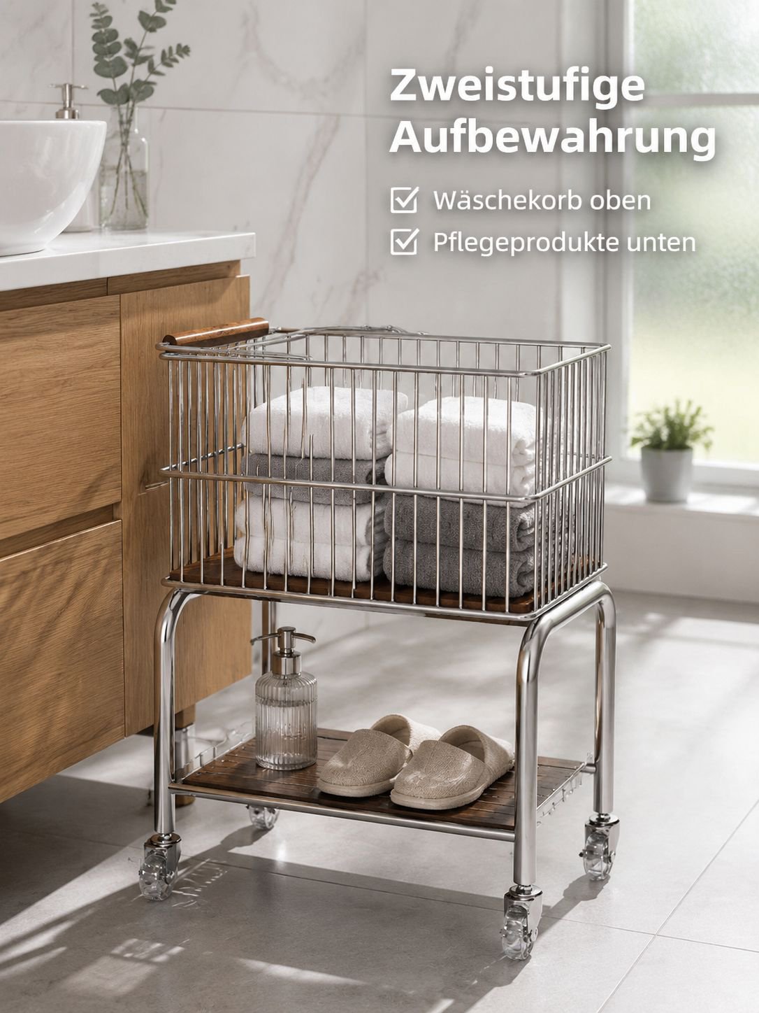 Edelstahl Doppelschicht Wäschekorb Aufbewahrungswagen bewegliches Regal