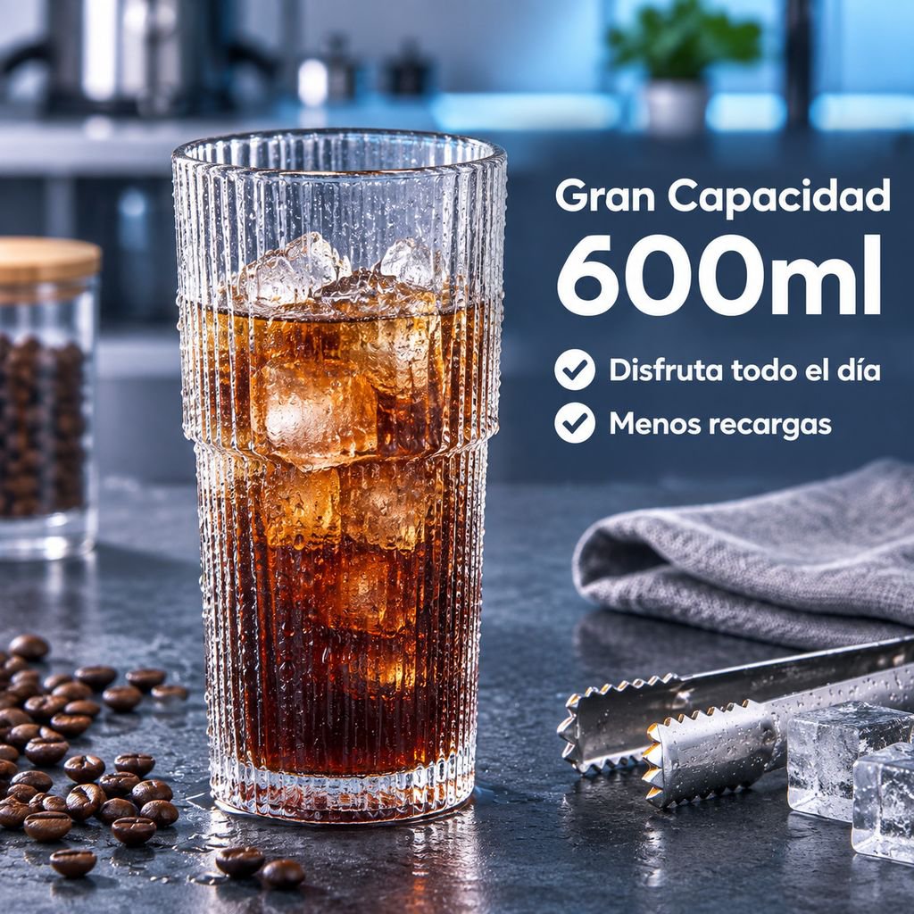 Taza de café de vidrio de alta calidad con rayas verticales, tapa y pajita