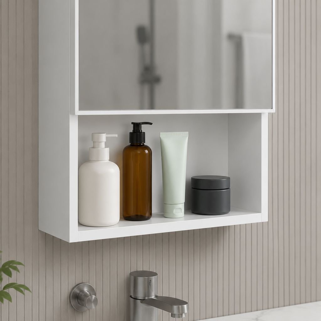 Contemporary bathroom with mounted aluminum mirror cabinet