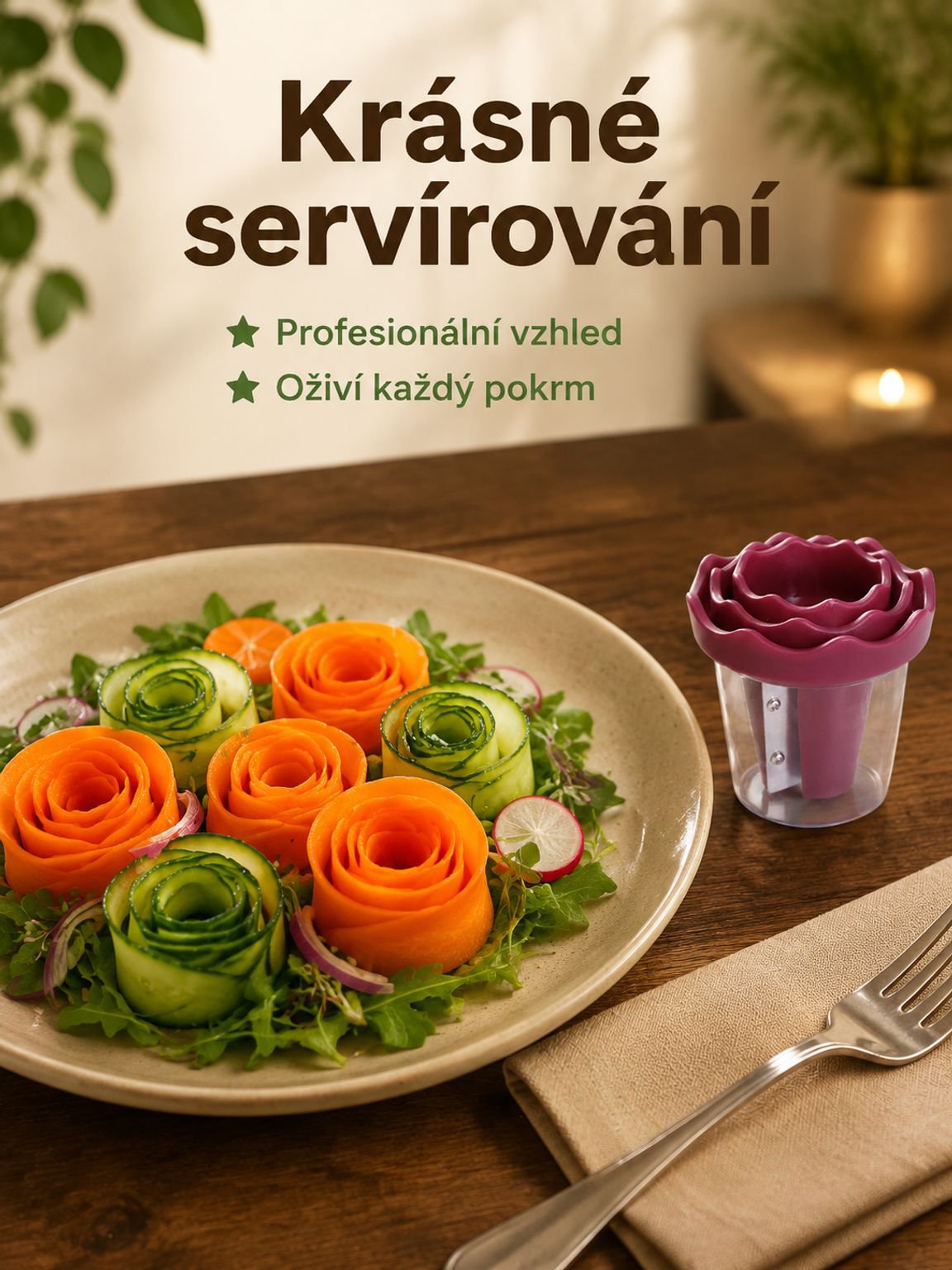 Růžový kráječ na ovoce a zeleninu pro krásné servírování