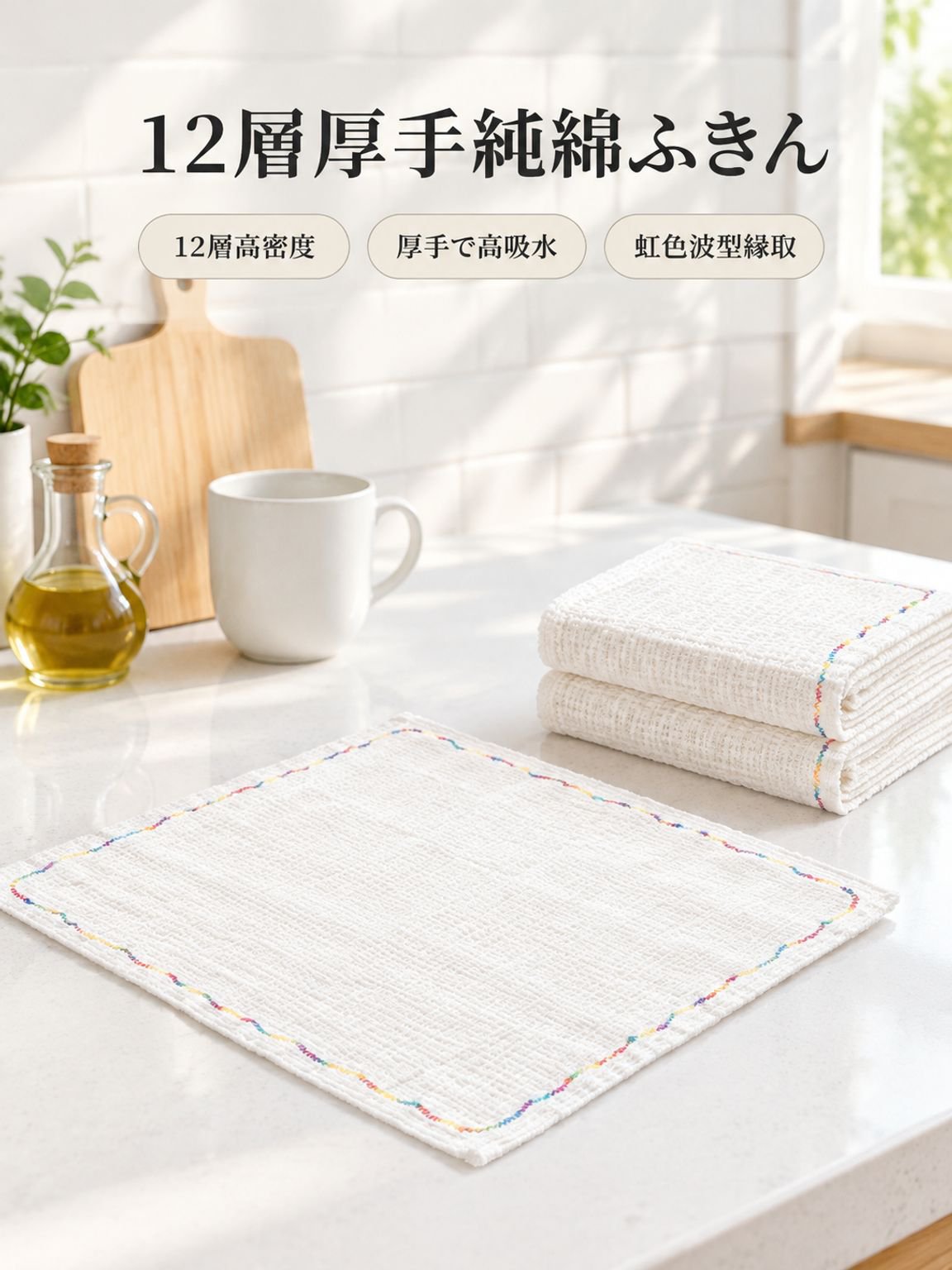 厚手12層コットンふきん レインボー柄の油汚れがつきにくい食器洗いクロス