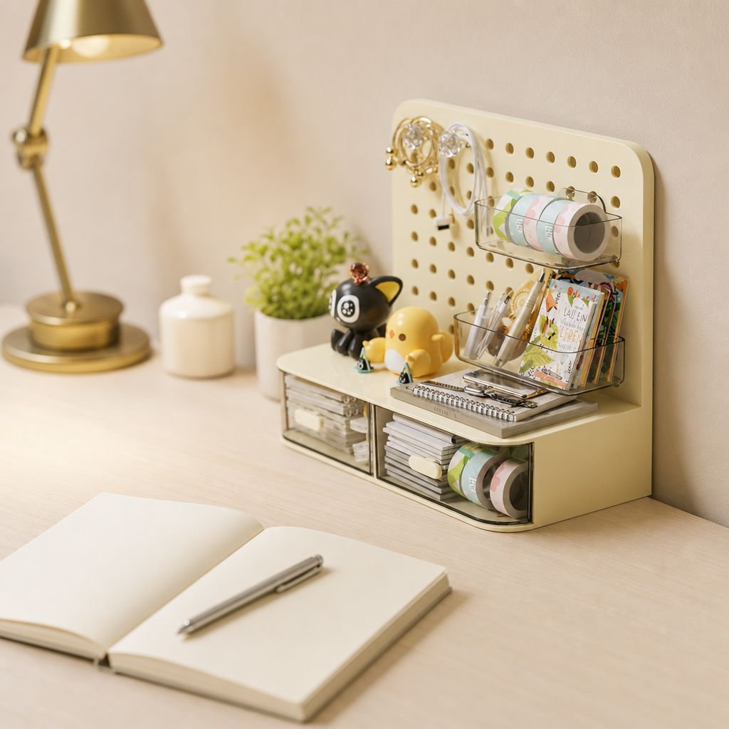 Escritorio doméstico para dormitorio con estante y tablero de agujeros estilo crema