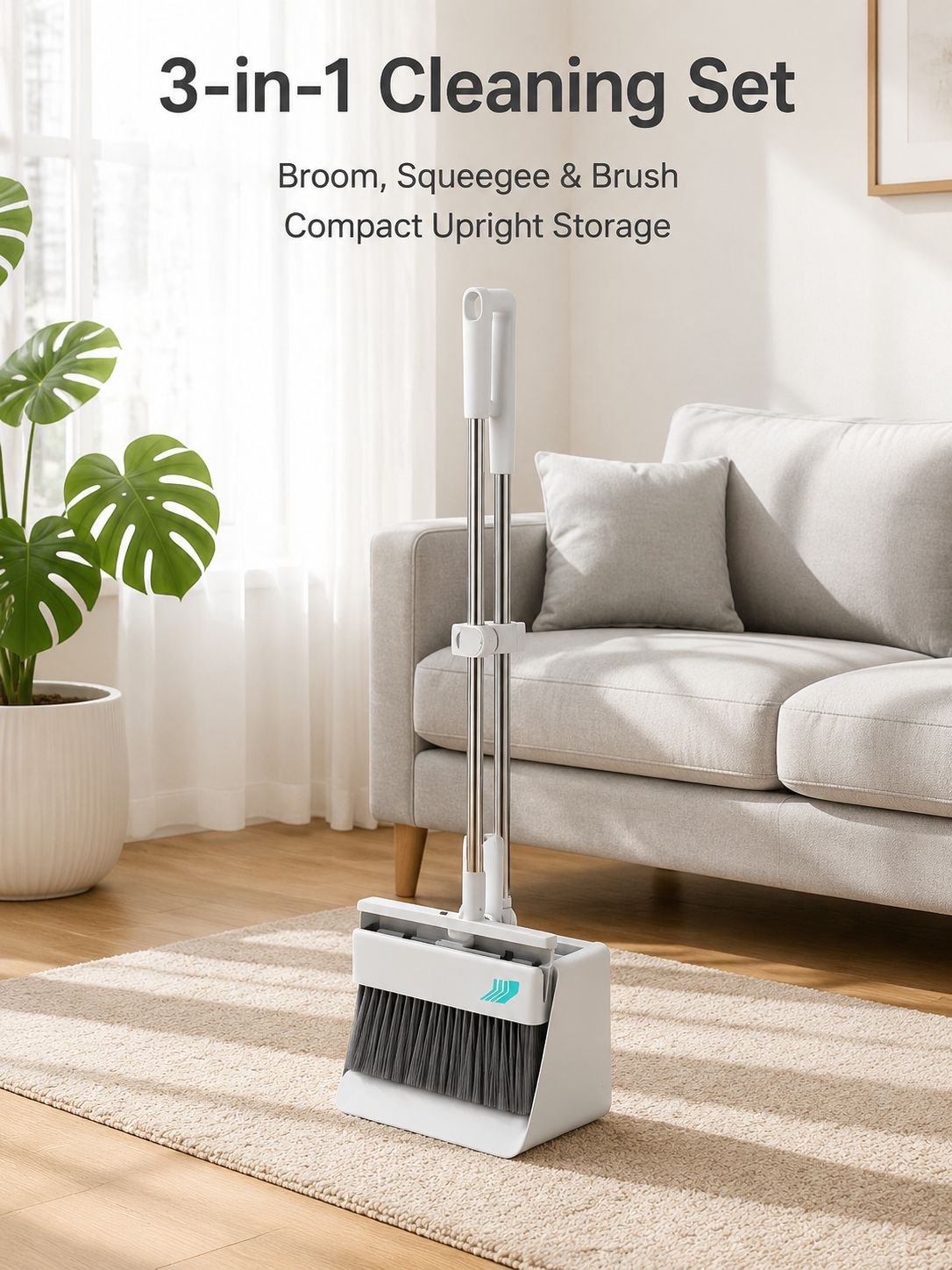 Foldable Large Thick Soft Bristle Broom and Dustpan 3-in-1 Storage Set
