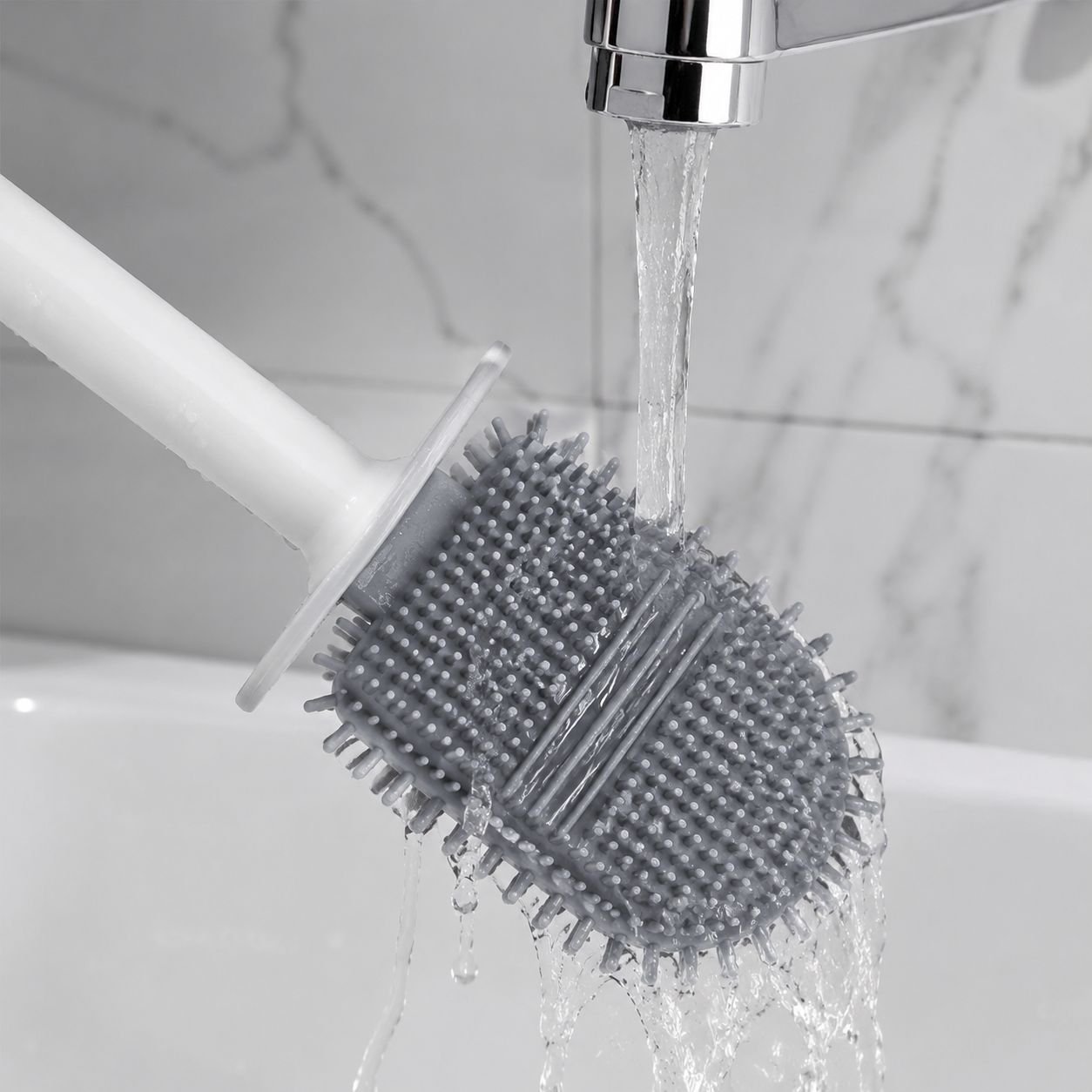 Silicone toilet brush with long handle and wall mount