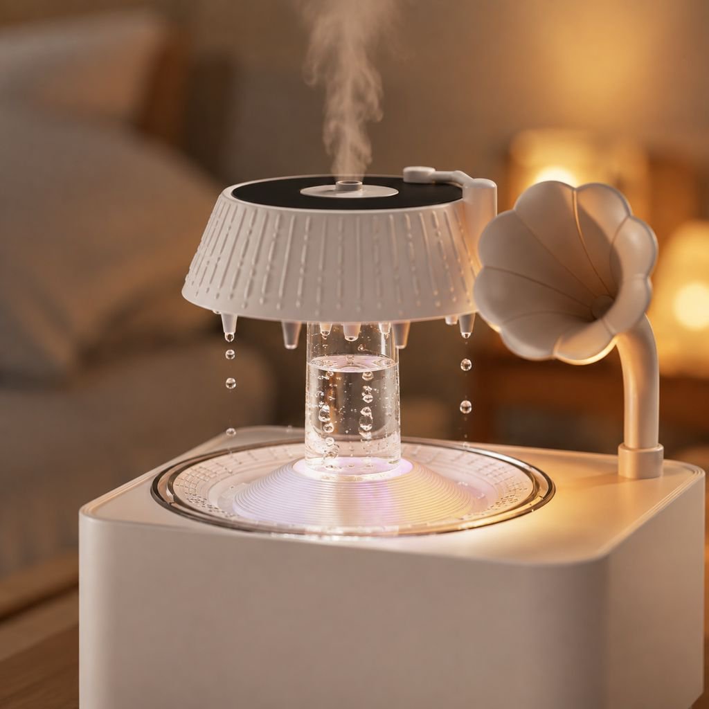 Difusor de aceites esenciales con luz de siete colores, control remoto y diseño de gramófono retro