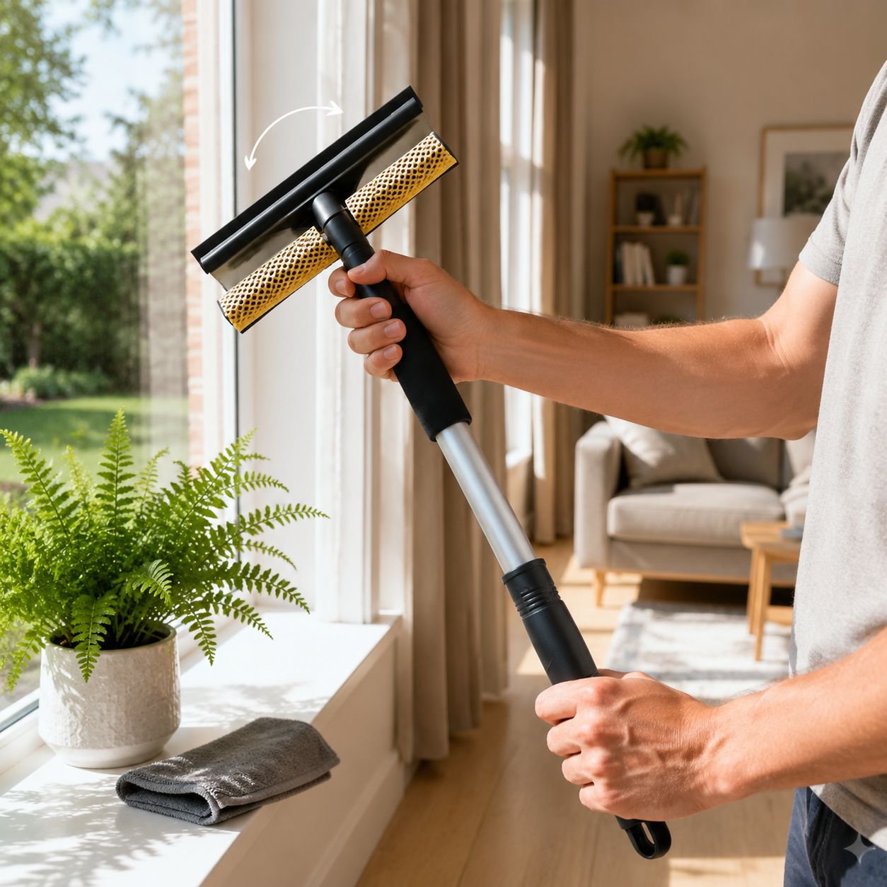 Professional window cleaner tool in action