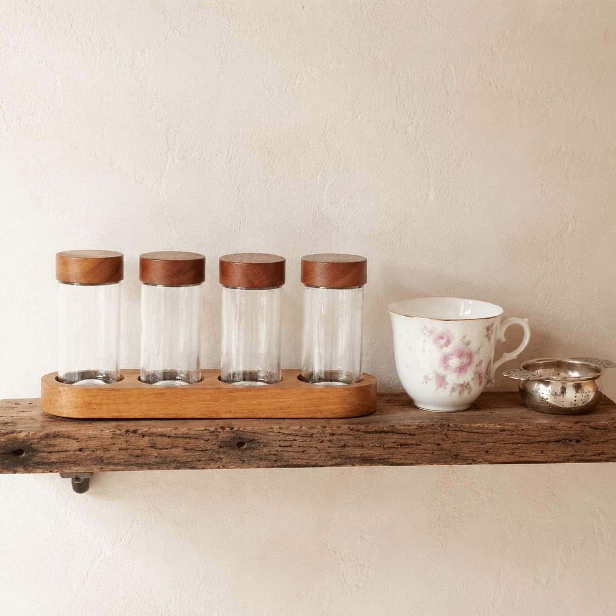 Japanese Seasoning Bottle Glass Jar Acacia Wood Lid 3oz Set of 4