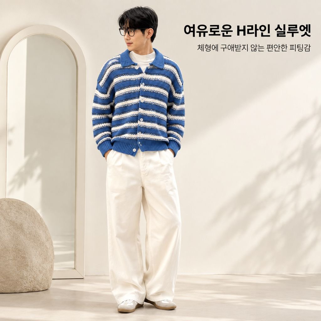 남성용 블루 앤 화이트 줄무늬 카라 니트 가디건 가을 시즌 너플한 멋이 있는 스웨터 상의