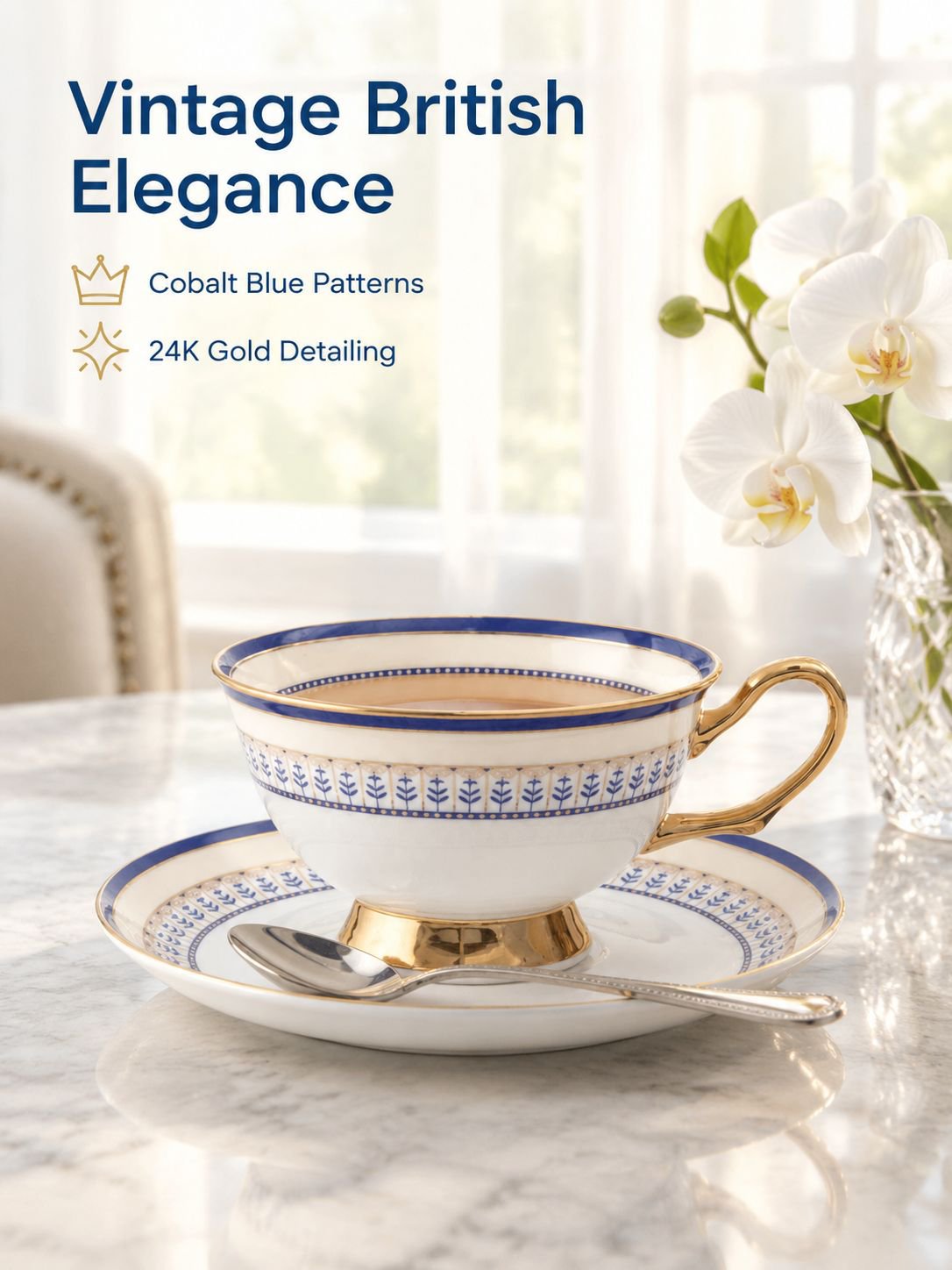 Golden edged bone china tea cup and saucer set