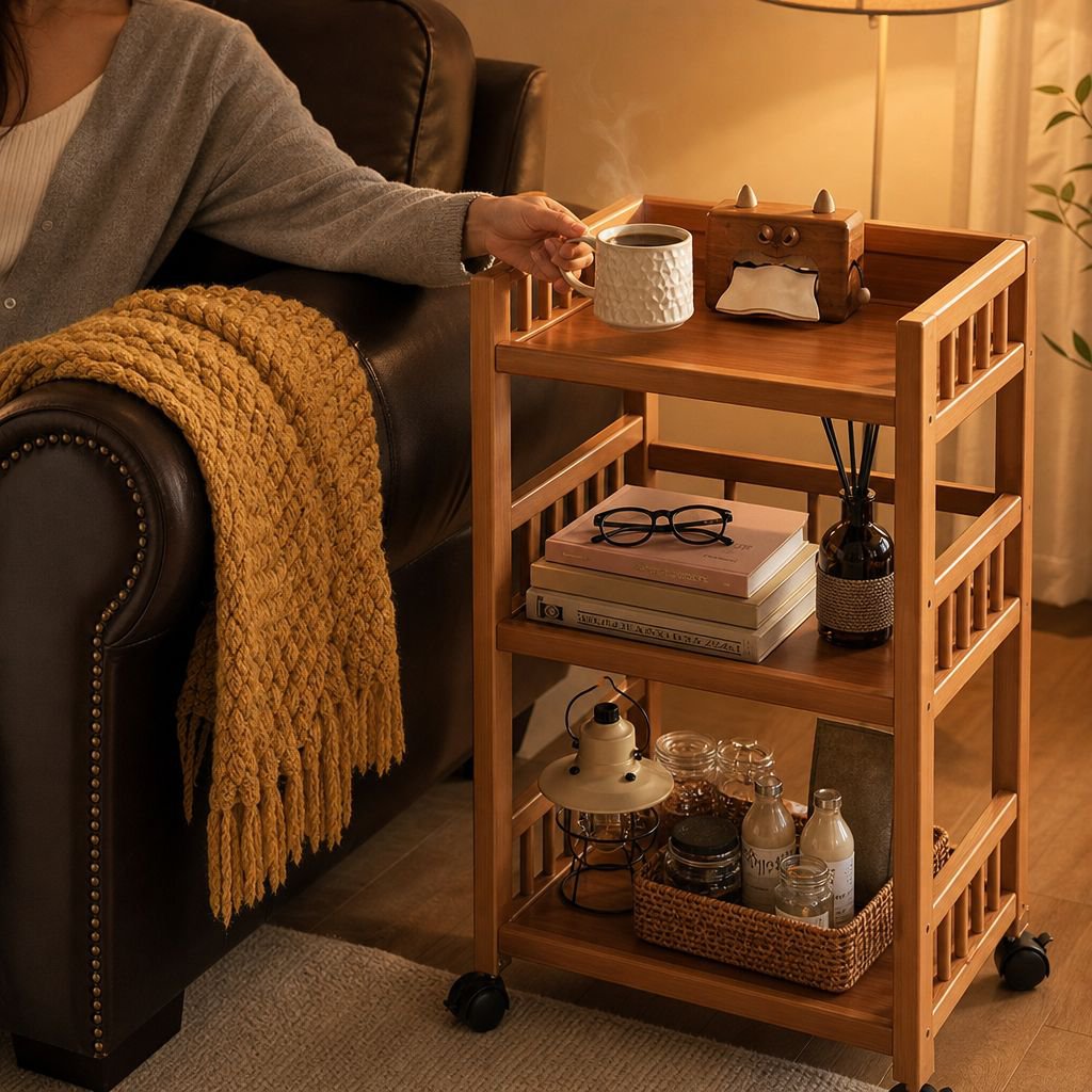Household movable storage rack trolley living room simple sofa side table snack rack solid wood tea 