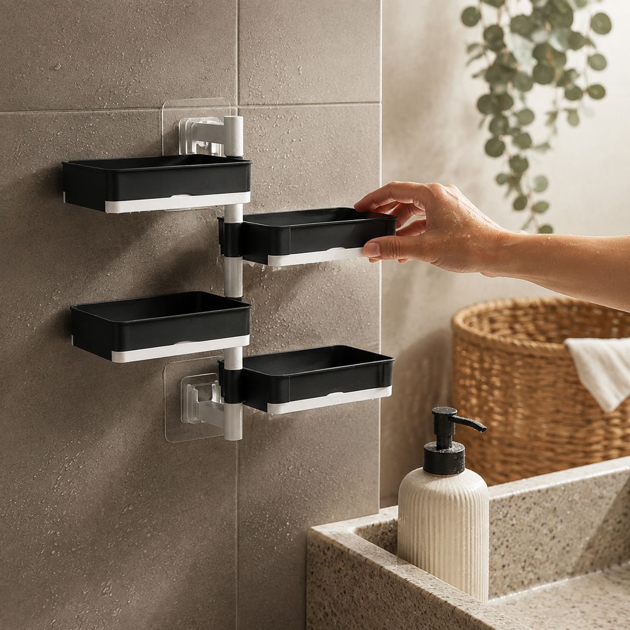 Jabonera giratoria multicapa para baño/aseo, instalación sin taladro
