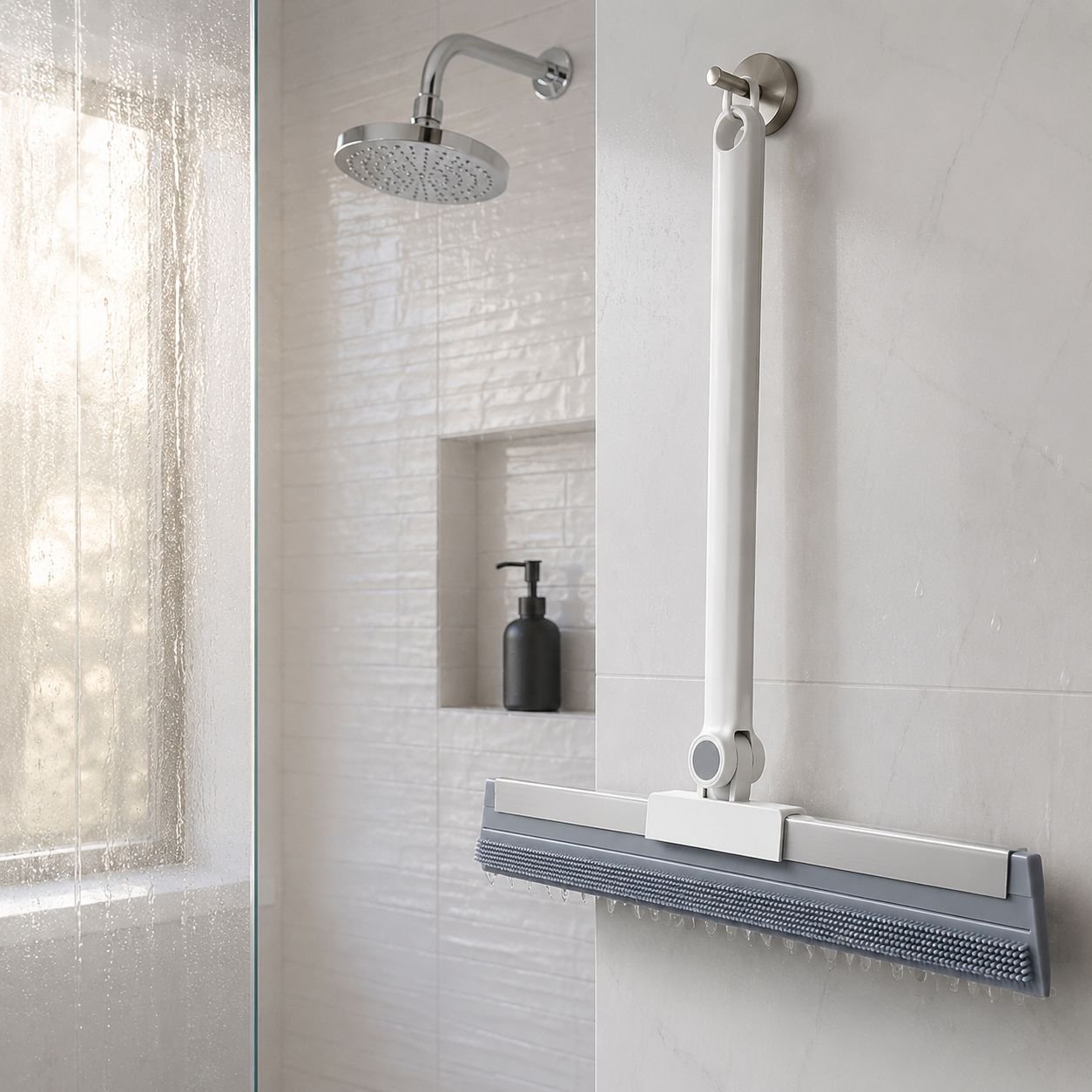Escoba especial para baño eliminando manchas de agua