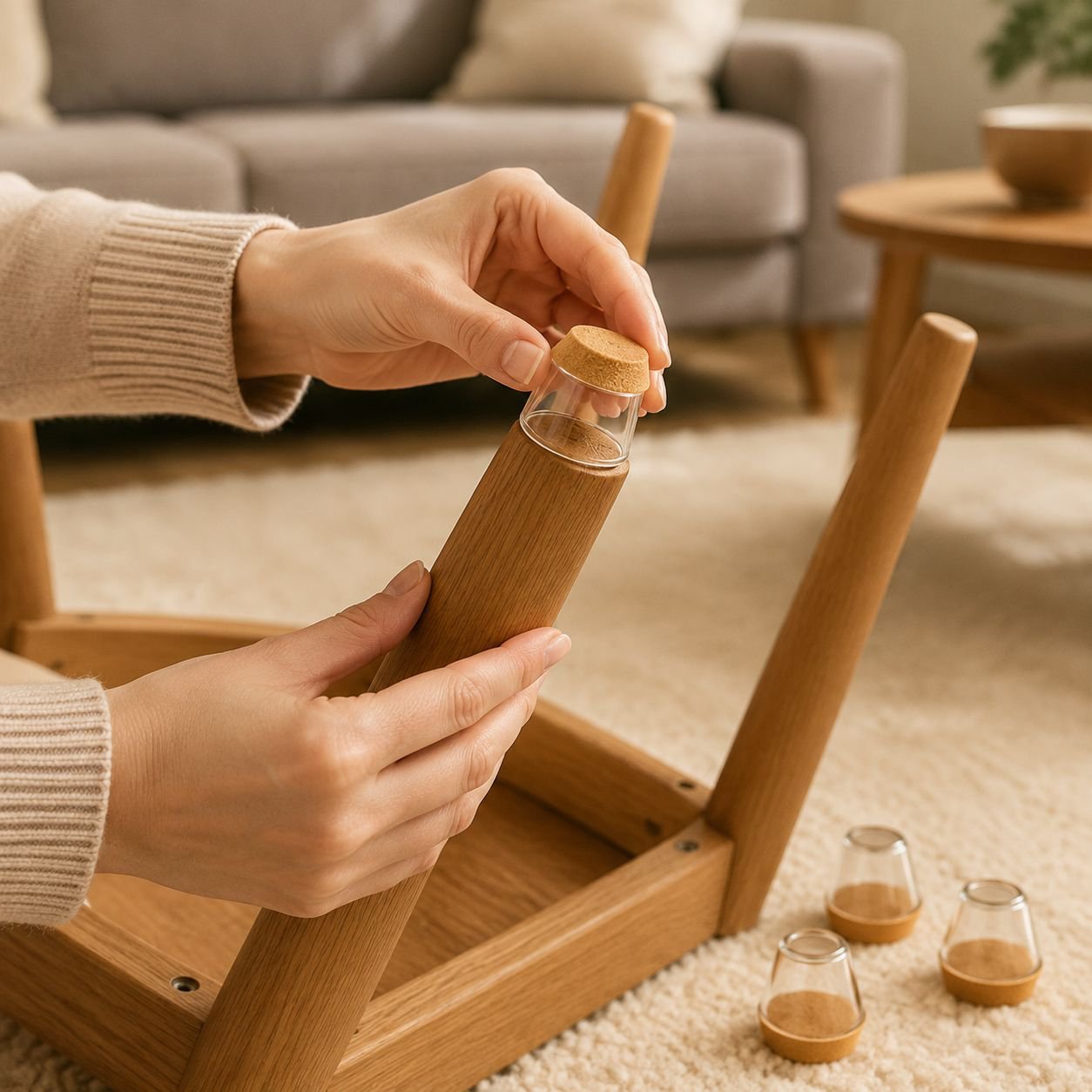 Transparent chair leg protectors blending with furniture