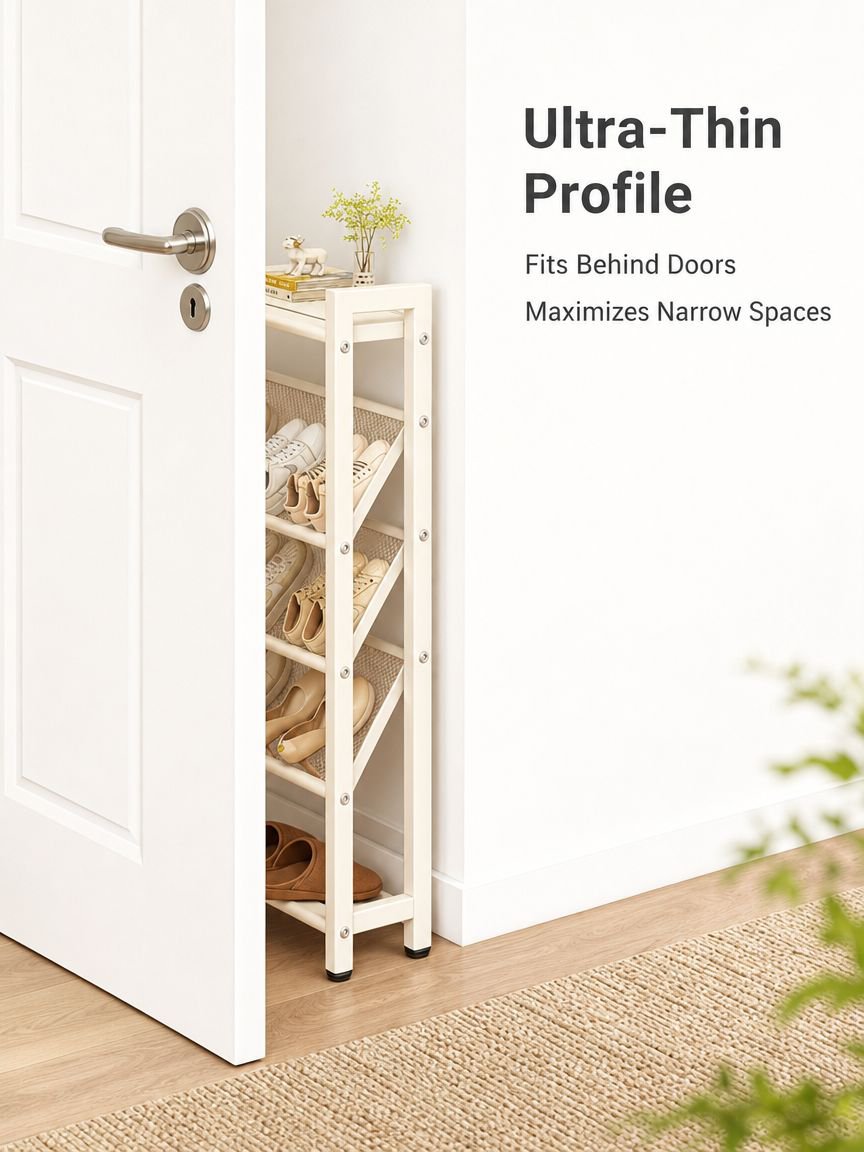Slim Entryway Shoe Cabinet Behind Narrow Door, Ultra-thin Tilted Mesh Breathable Shoe Rack