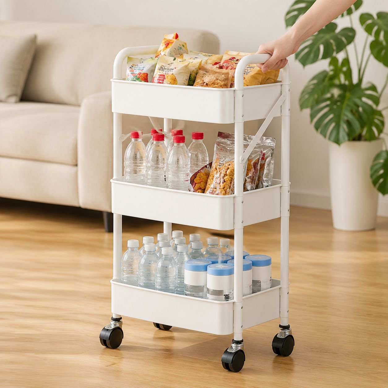 Movable Multi-Layer Storage Rack Carbon Steel Foldable Trolley for Kitchen and Bedroom