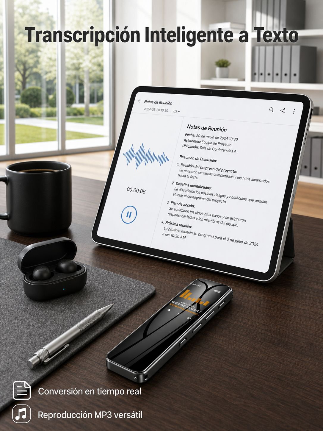 Grabadora portátil HD con cancelación de ruido y conversión de voz a texto MP3