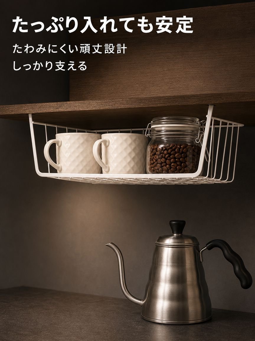 穴あけ不要のキッチン吊り下げ式バスケットラック