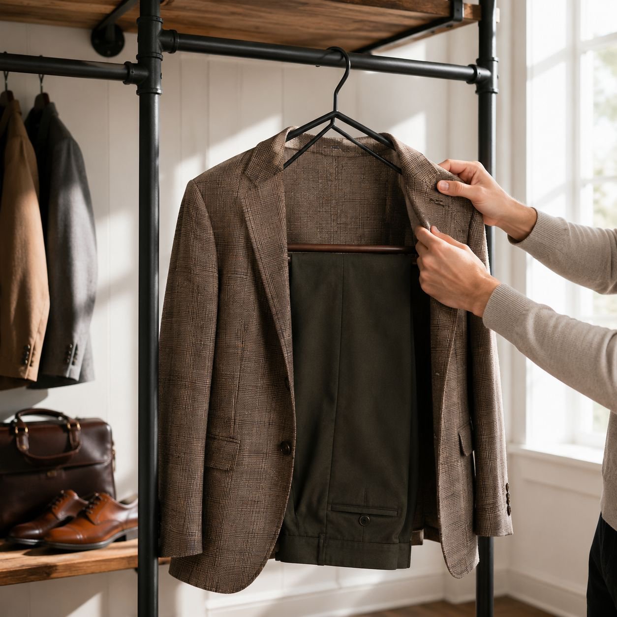 Sturdy wooden clothes rack supporting heavy coats