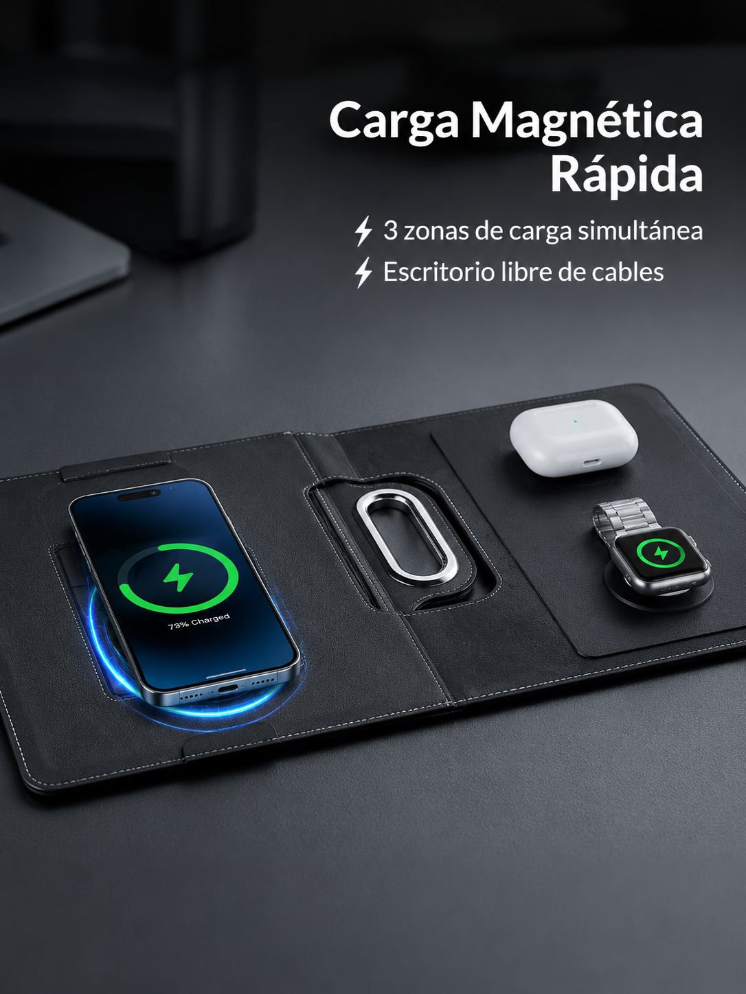 Cargador 4 en 1 para auriculares, reloj y mousepad de cuero