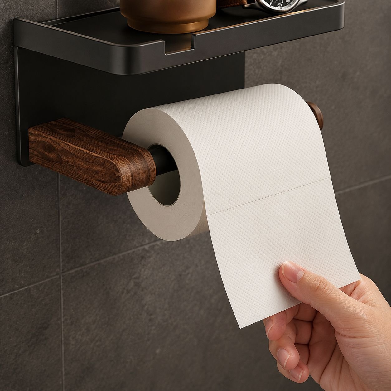 Moistureproof Nonslip Walnut Bathroom Organizer Shelf with Guardrail No-Punch