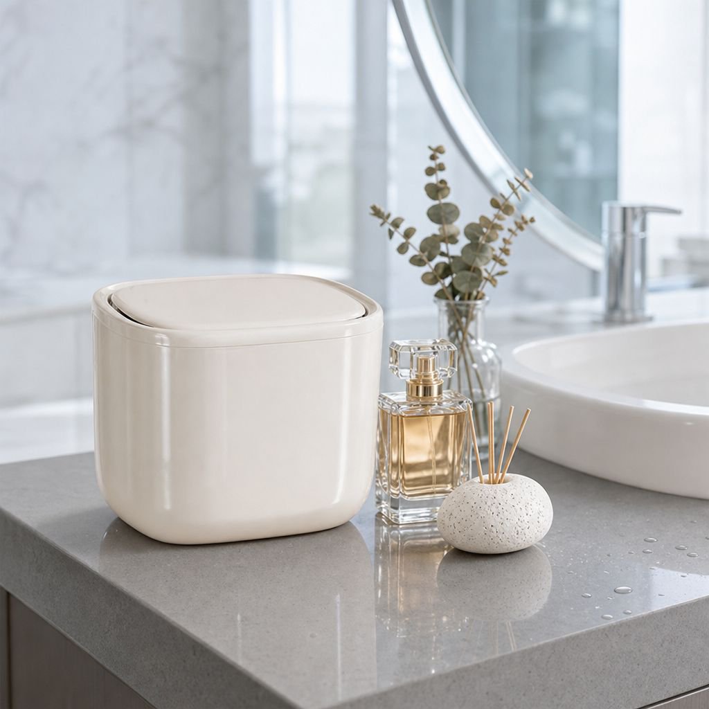 Minimalist tabletop garbage bin with lid