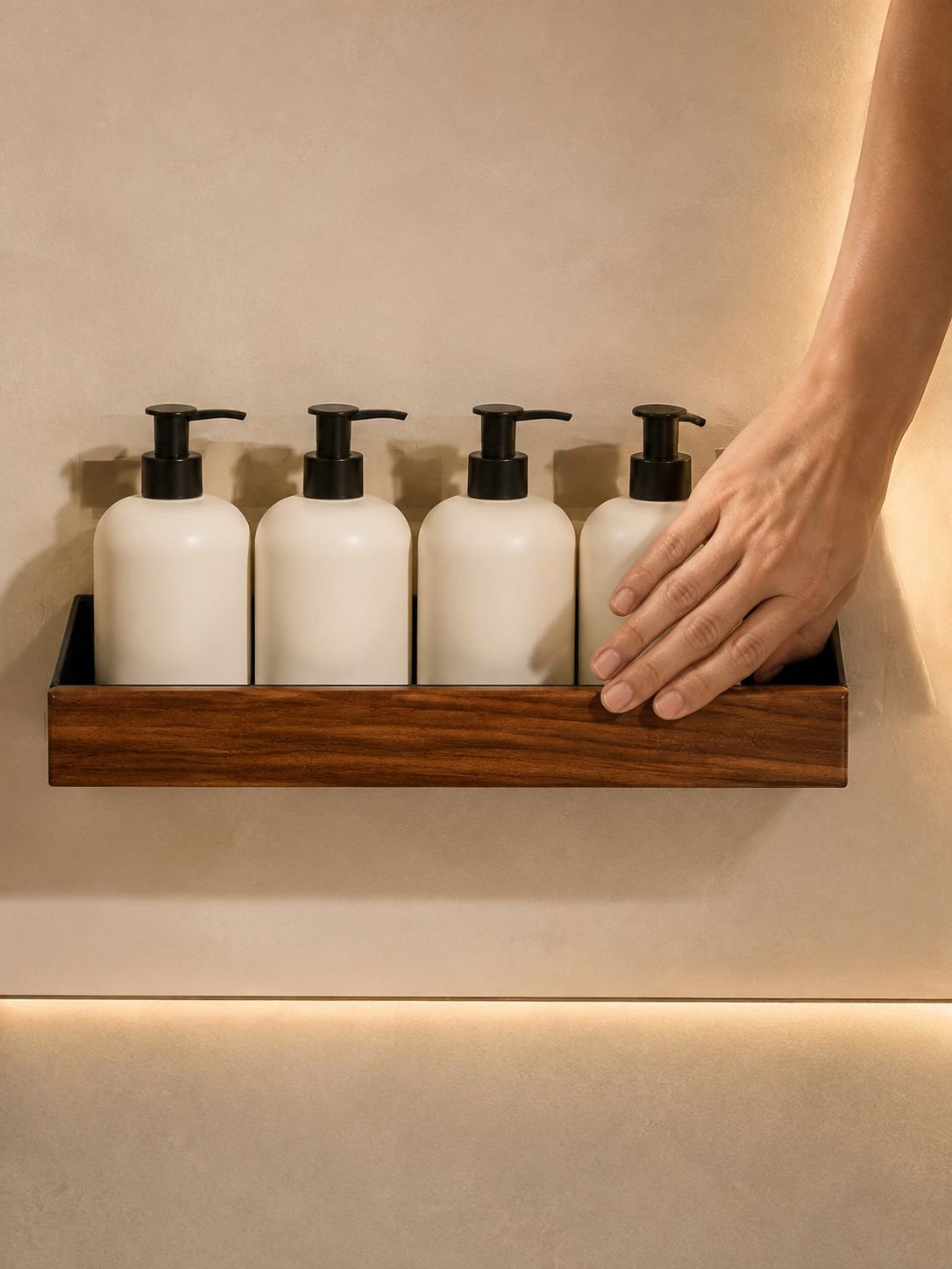 シャンプーと洗面用具が収納されたラック
