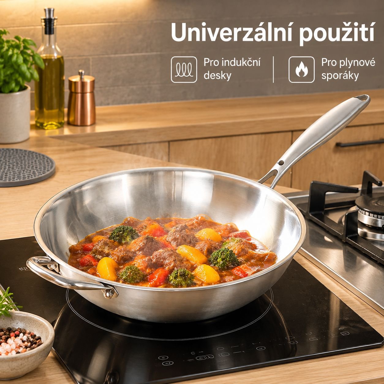 Zesílená pánev Wok z nerezové oceli 316 bez povrchové úpravy, pro indukci a plyn