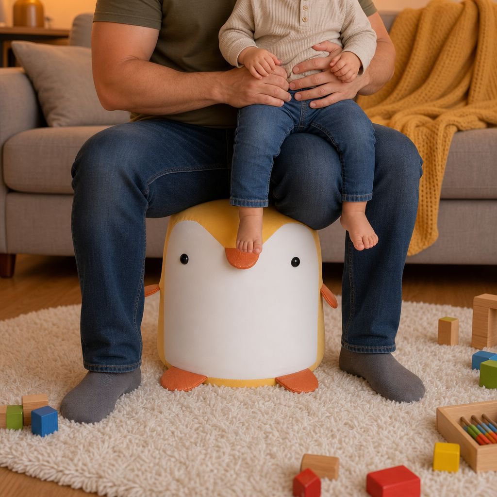 Detalle del banco creativo de madera diseño excremento de pingüino