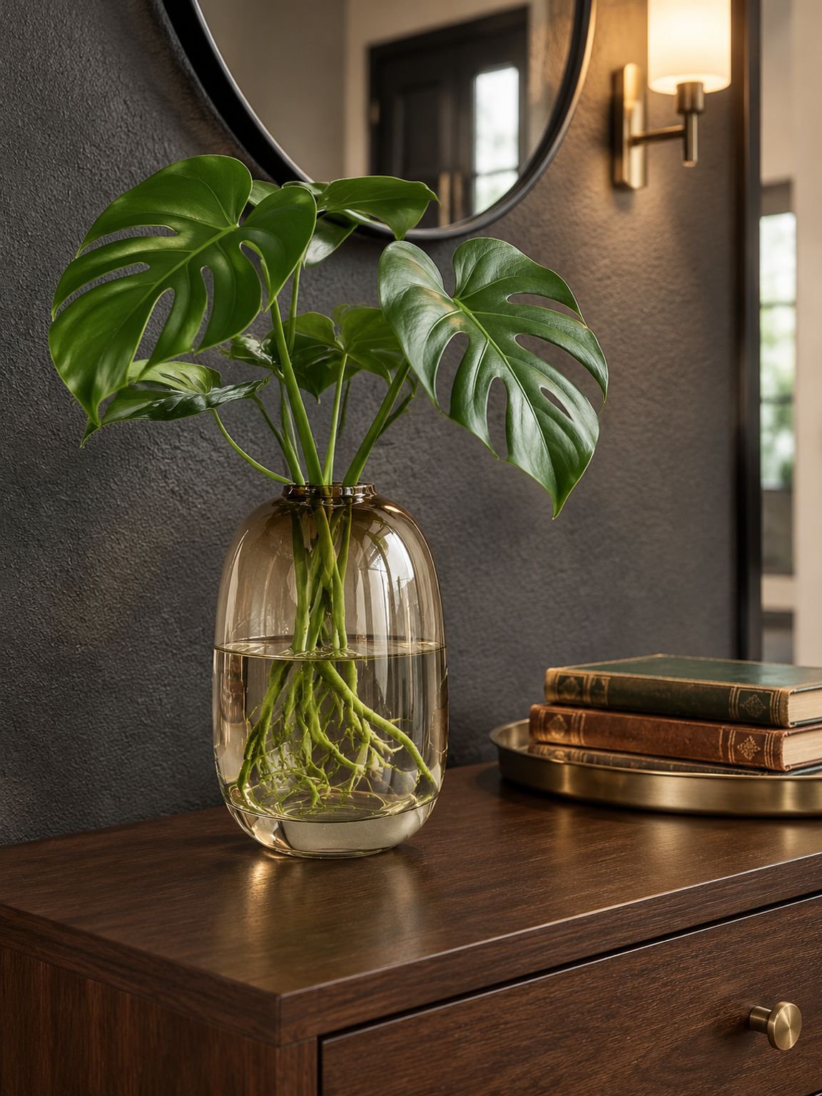Close-up of clear glass vase with lush green plants