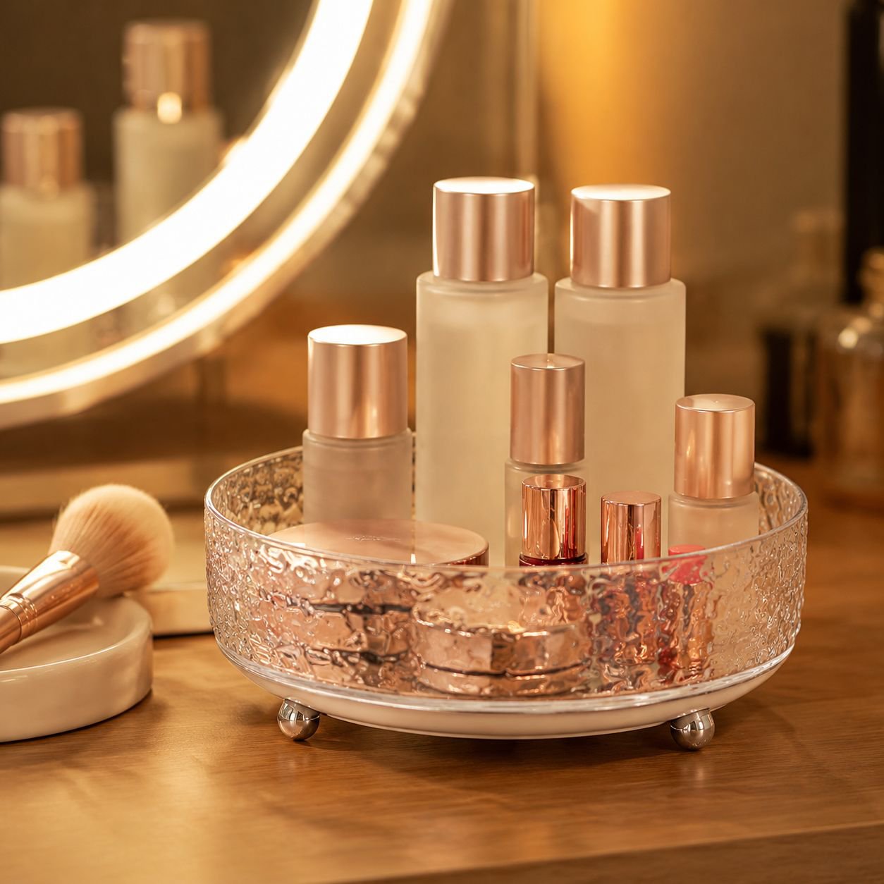 Easy access rotating cosmetics storage tray