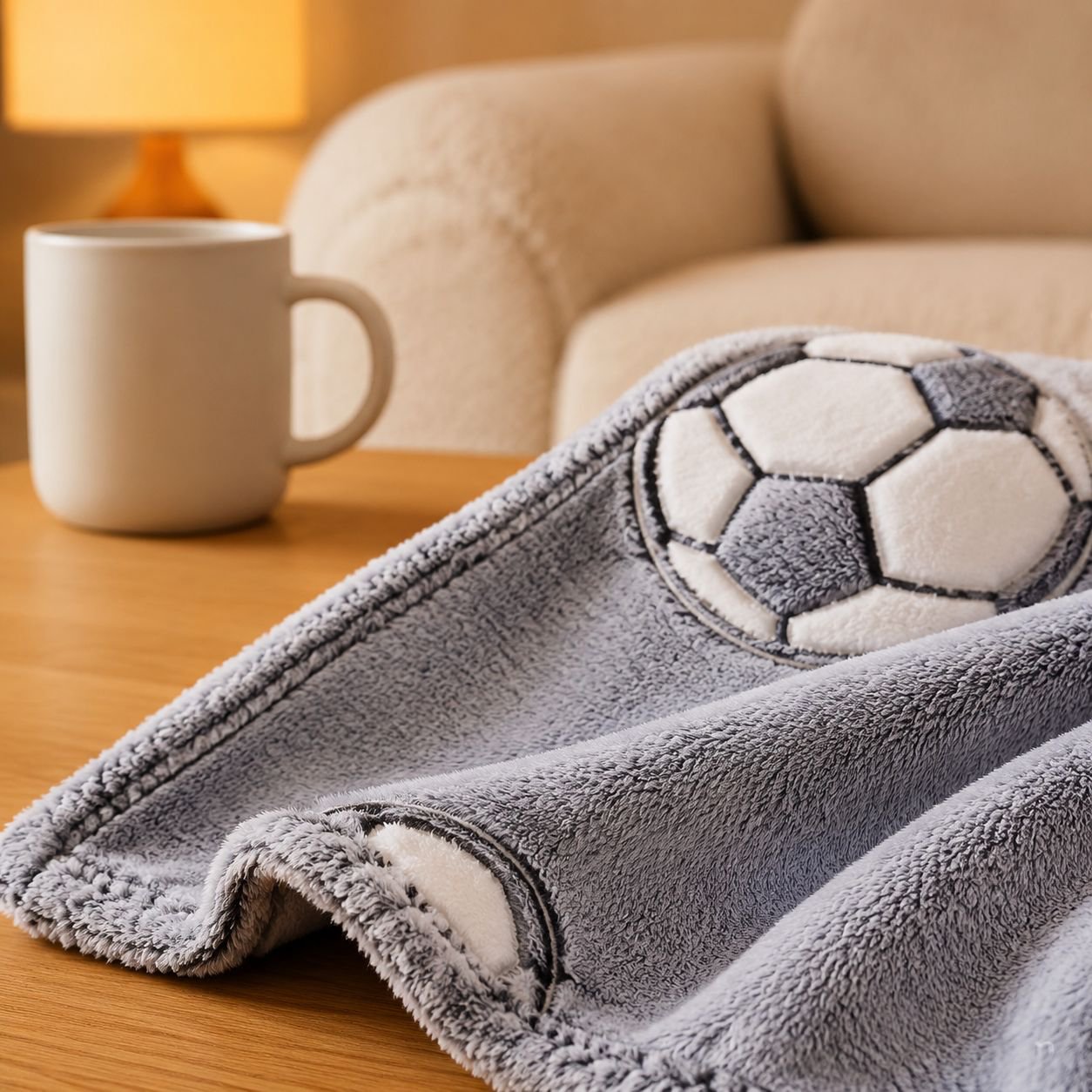 Soccer fan using glow-in-the-dark blanket while watching TV
