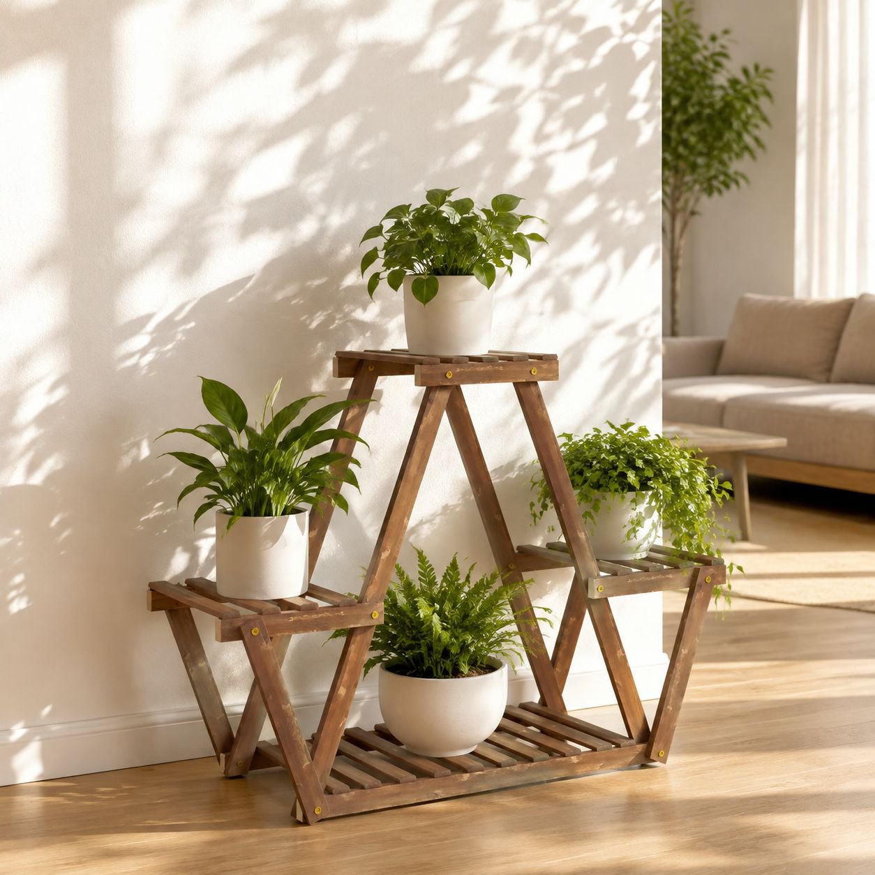 Bodenstehendes Blumenregal aus Holz mit Sukkulenten im Wohnzimmer