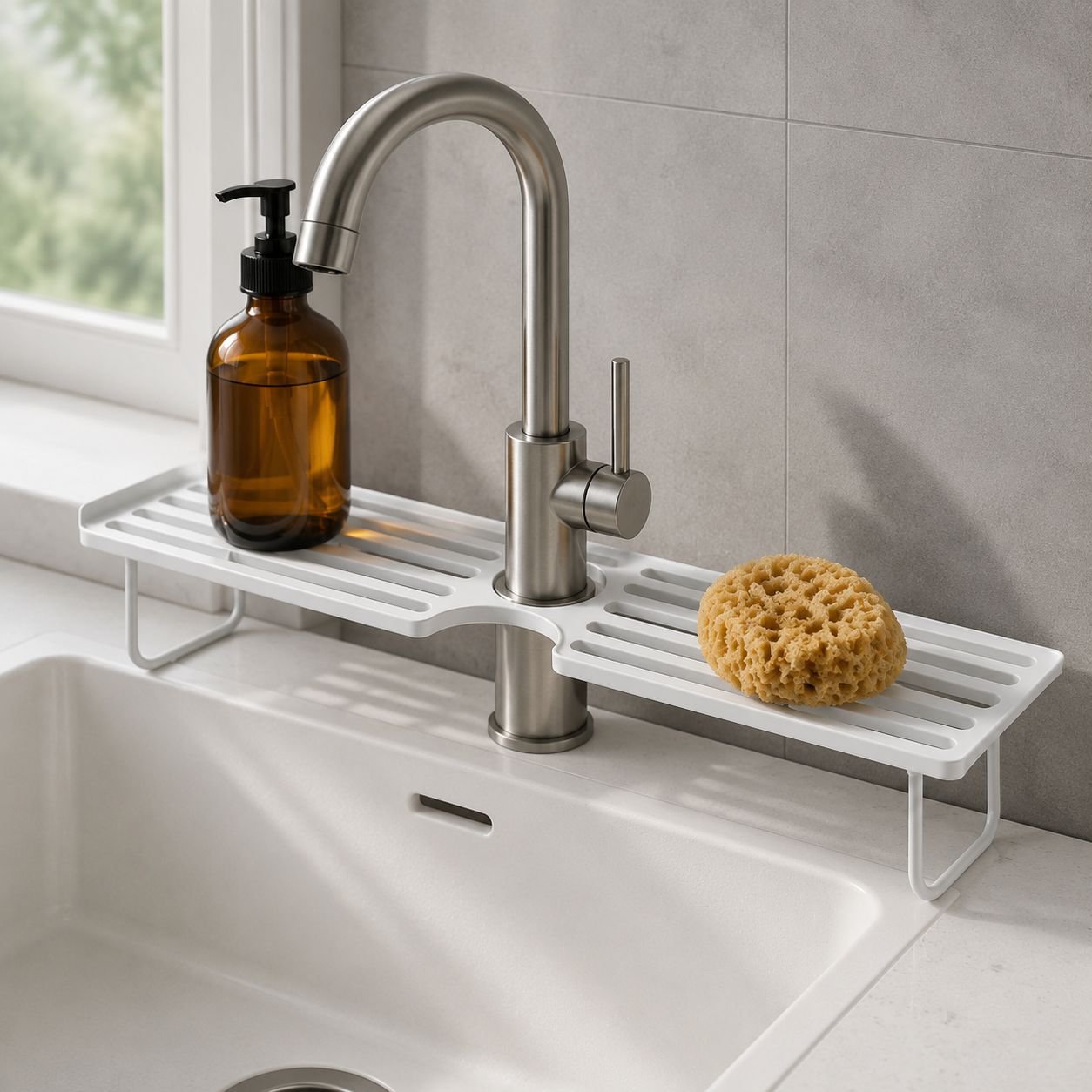 Minimalistisches, freistehendes Armaturenregal für das Spülbecken