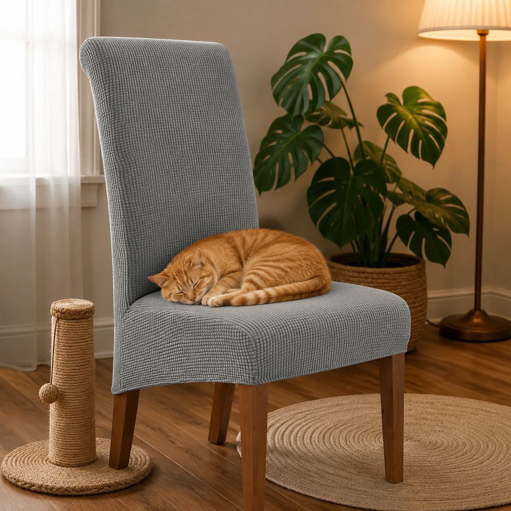 Home chair cover showing snug fit on dining chair