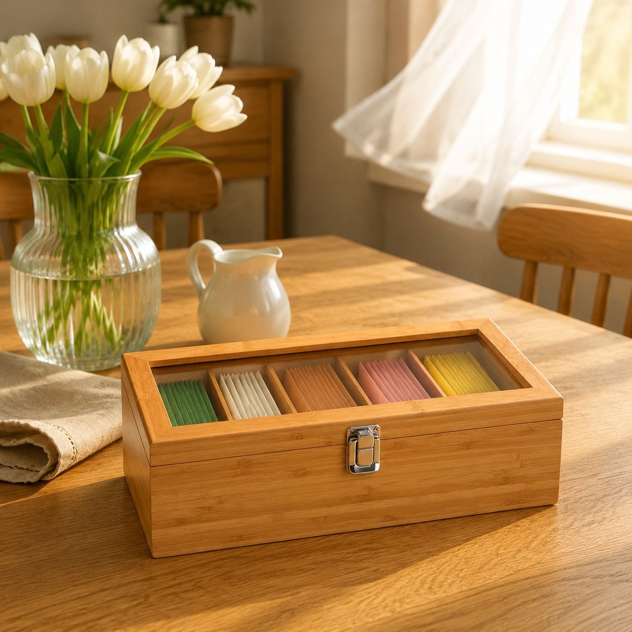 Wooden Tea and Coffee Storage Box Desktop Sundries Partition Rack