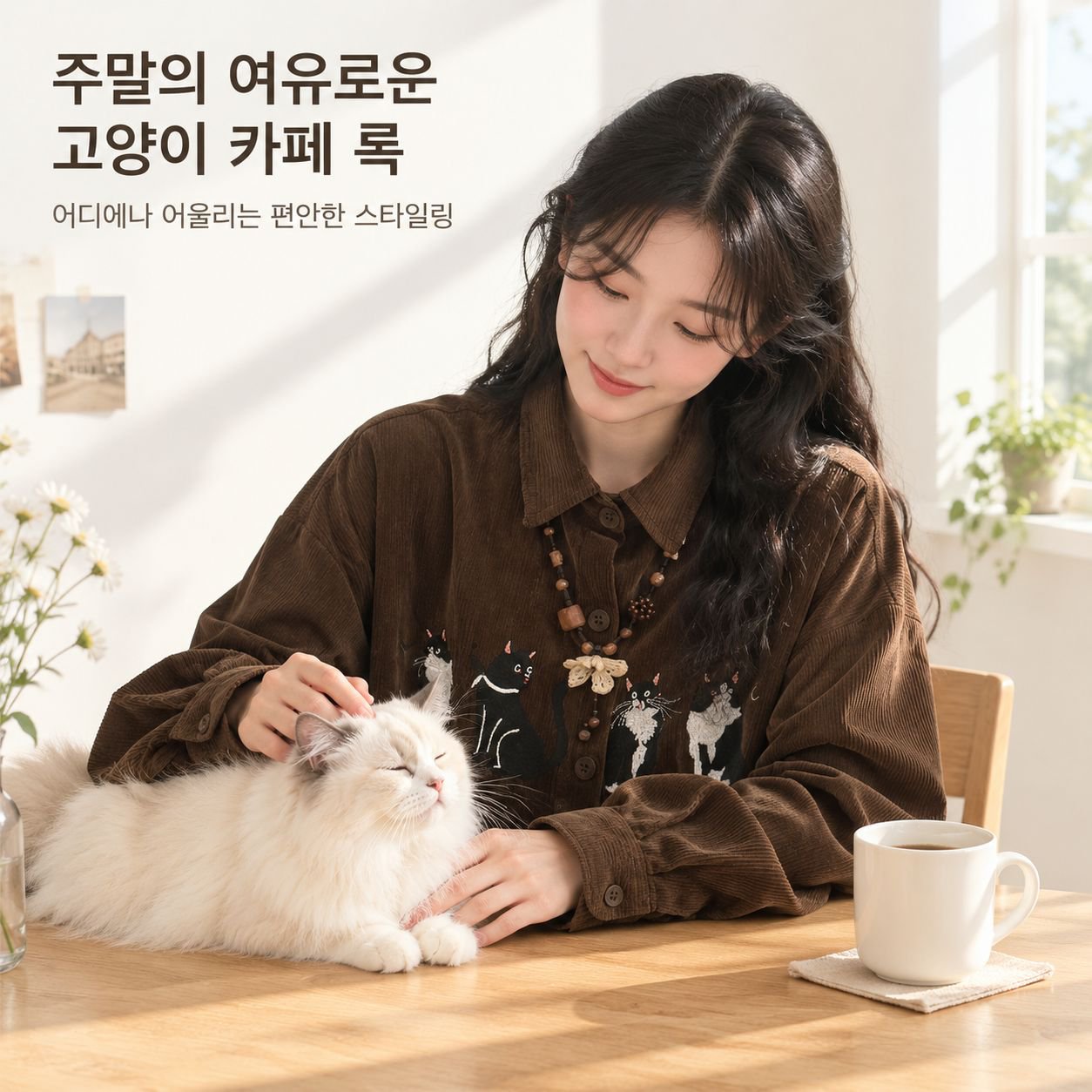 가을겨울 미국 빈티지 루즈핏 재미있는 고양이 자수 코듀로이 긴팔 셔츠