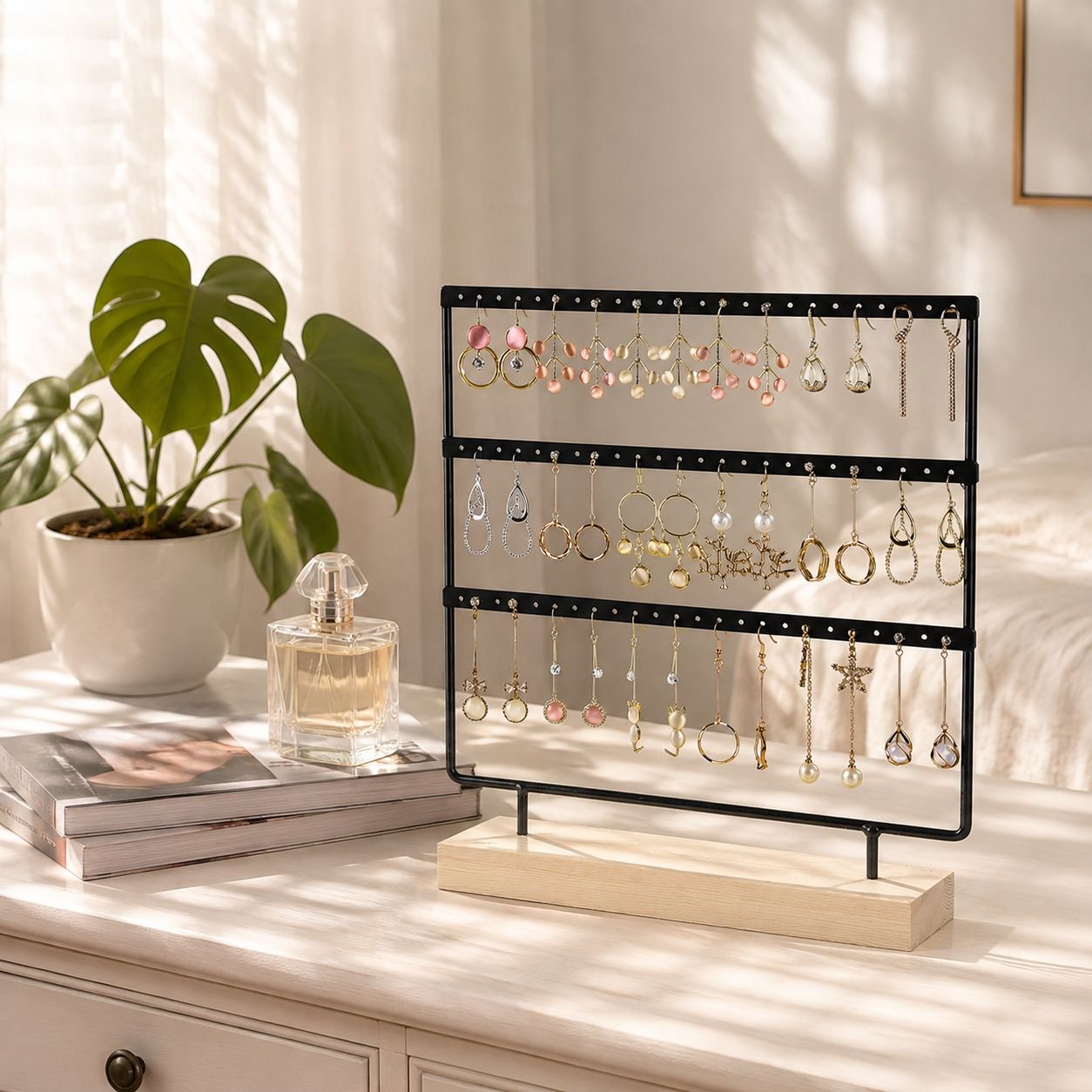 Jewelry display rack, solid wood and wrought iron earring holder, home earring storage, jewelry rack