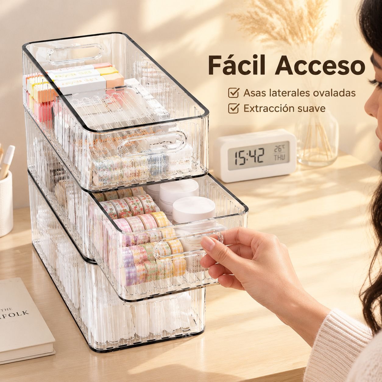 Caja de almacenamiento de escritorio rectangular estrecha de acrílico transparente