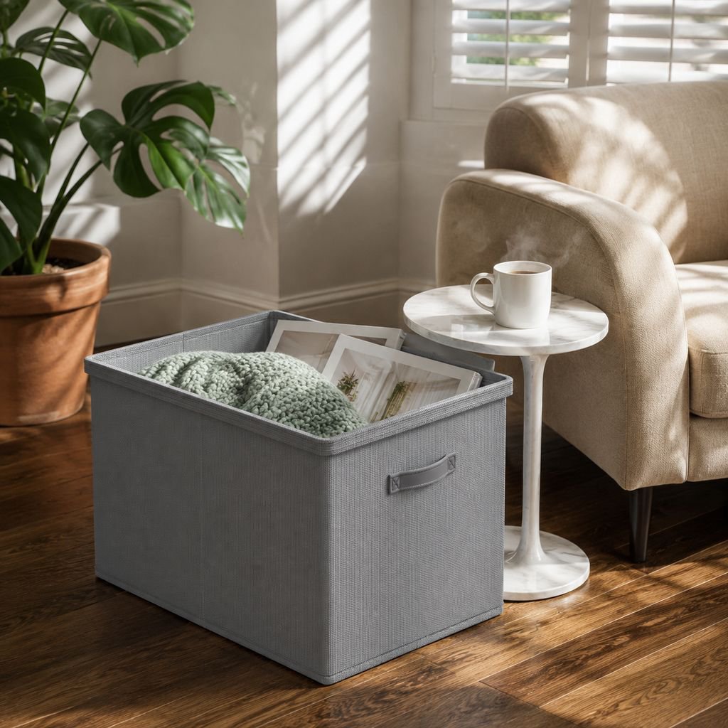 Portable fabric storage bin being carried by handles