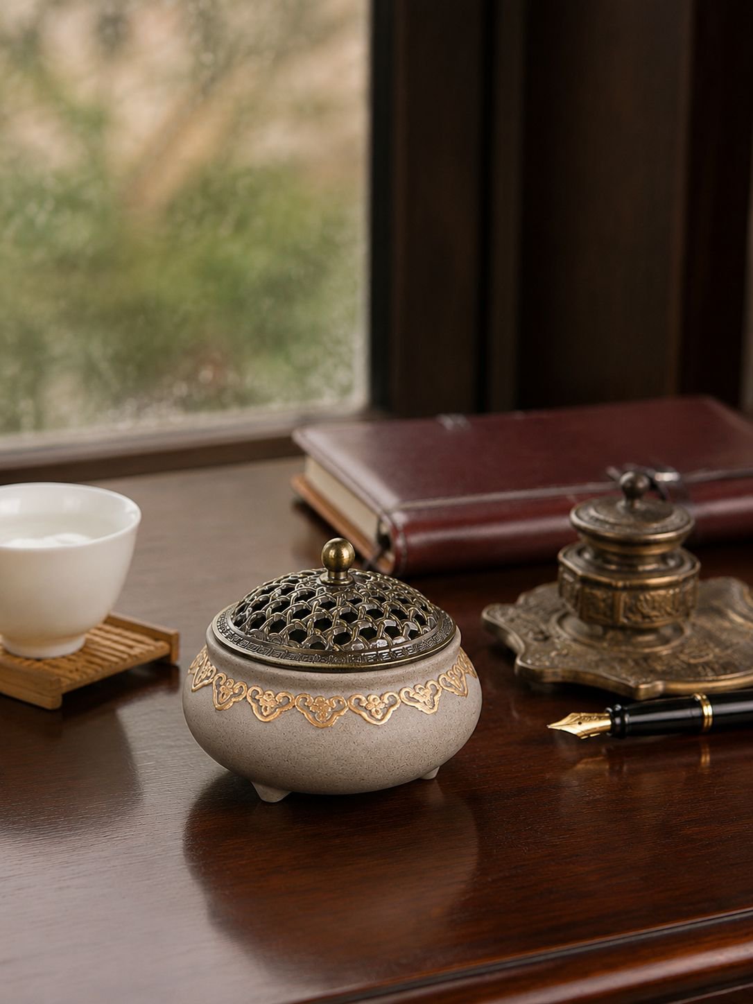 Encensoir décoratif traditionnel chinois posé sur une table