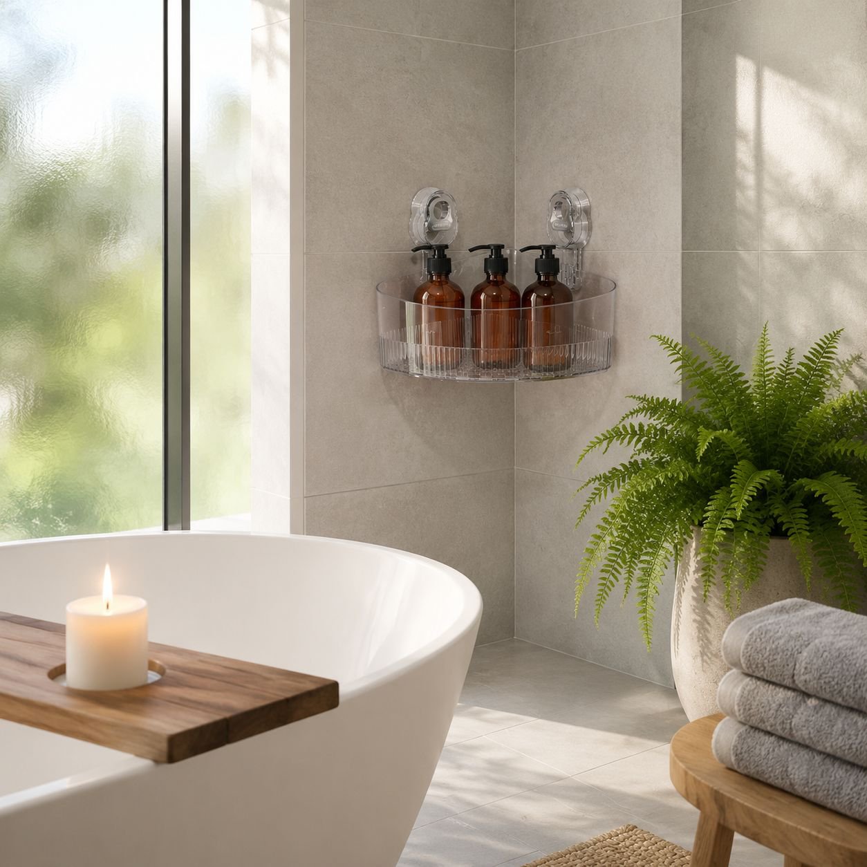 No-drill storage solution for bathrooms and kitchens