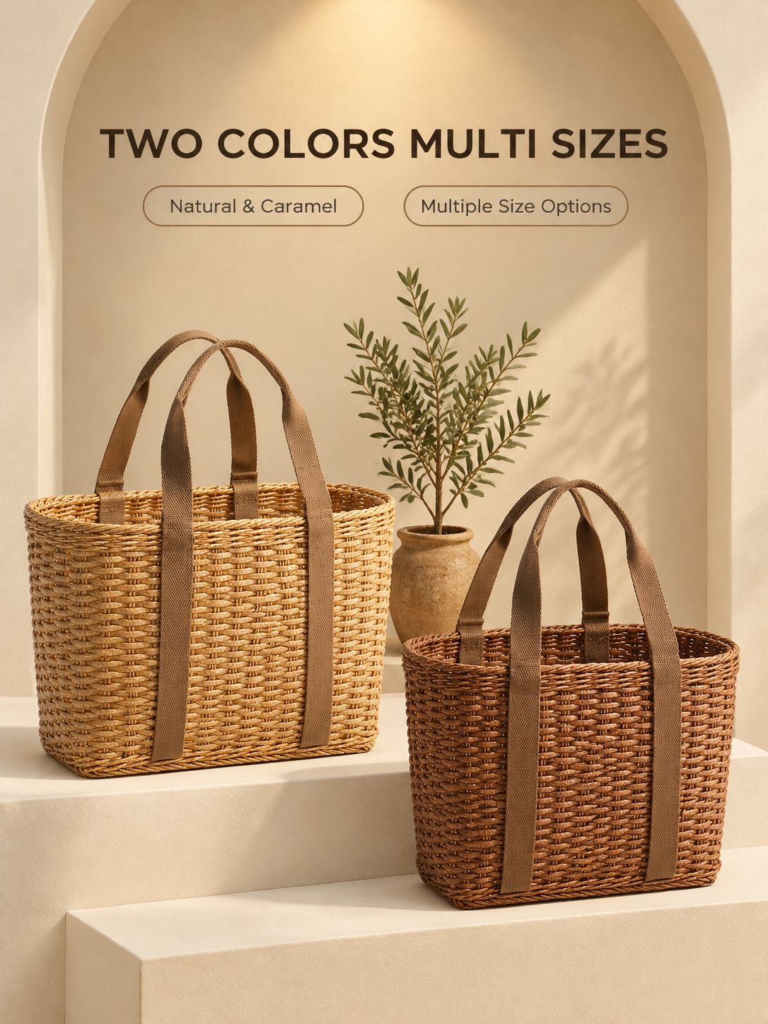 Vintage Rattan-Style Picnic Basket, Outdoor Shopping Basket, Camping Fruit Basket Bag