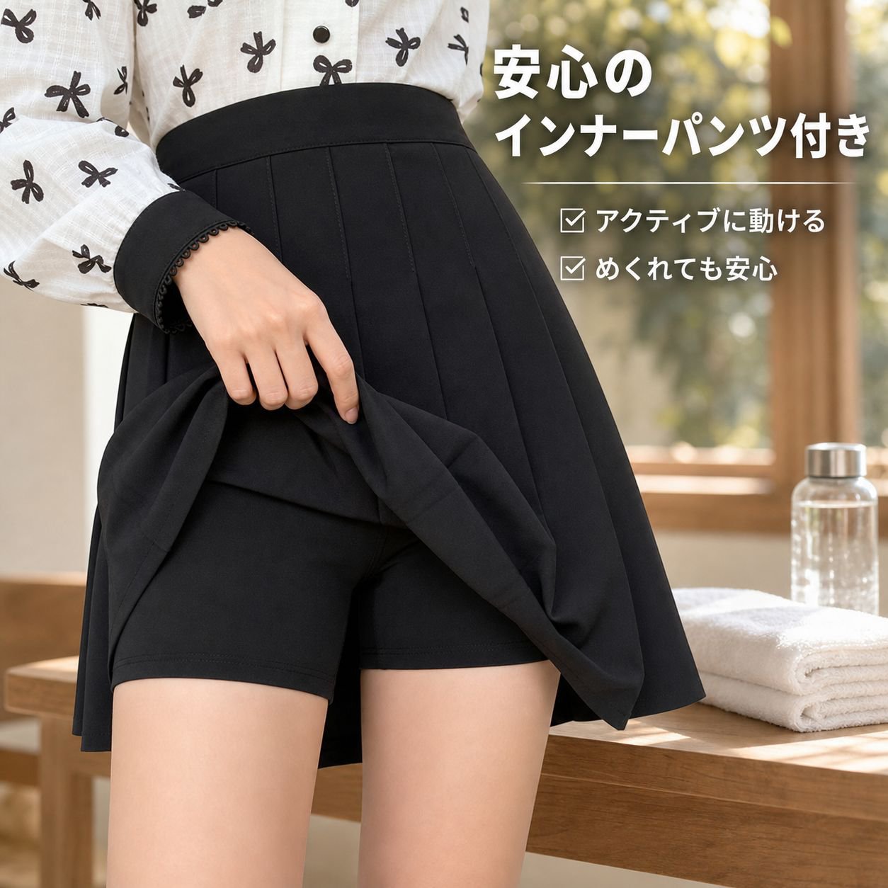 女性用 大きいサイズ プリーツゴルフウェア スカートパンツ ブラック