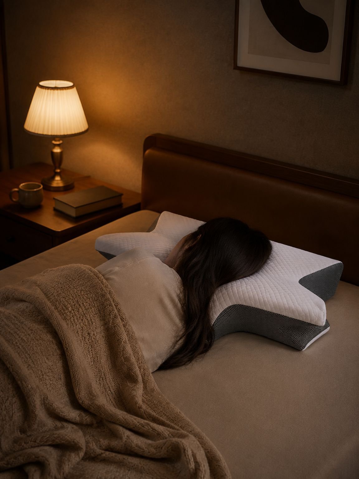 Contoured butterfly neck pillow supporting the shoulders