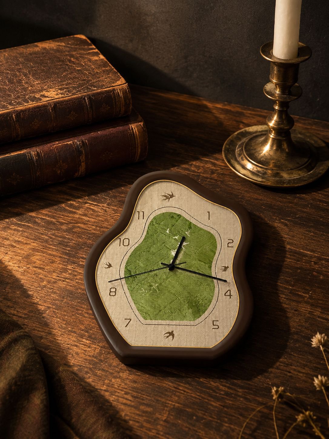 Vista lateral del reloj decorativo con paisaje verde
