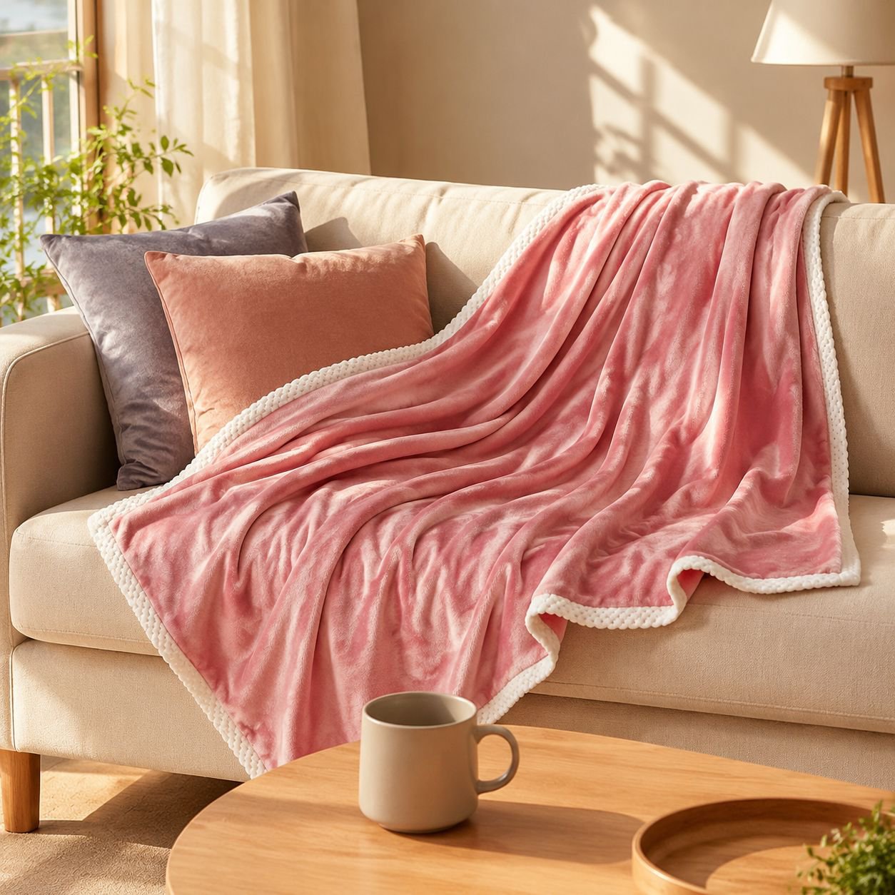 Cozy home fleece blanket on bed