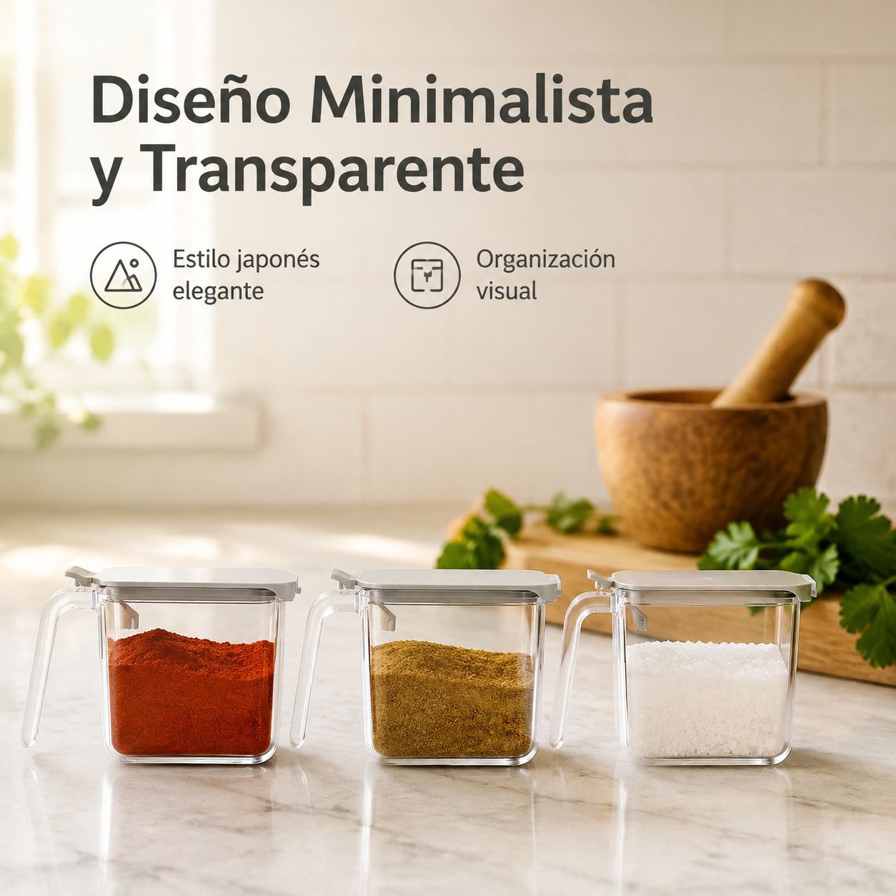 Recipiente japonés para especias con diseño transparente y asa